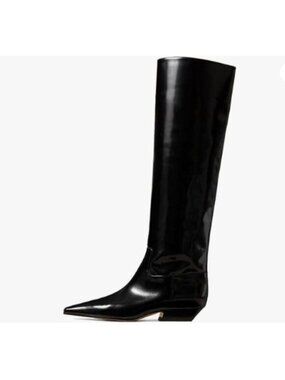 miss left Women Closed Square Toe Knee High Boot Wide Calf Low Chunky Heel Black